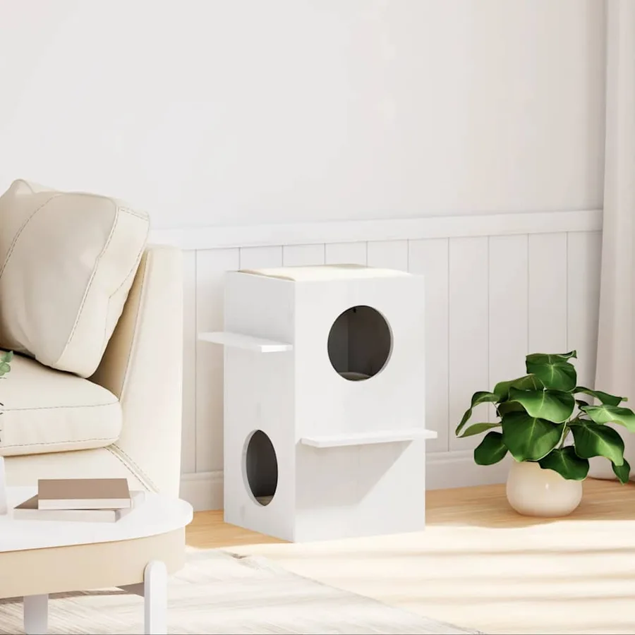 Maison pour chat blanc 43x43x60 cm bois de pin massif - 2