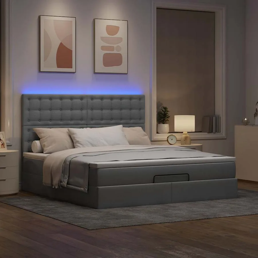 Cadre de lit ottoman et matelas gris clair 160x200cm tissu - 3