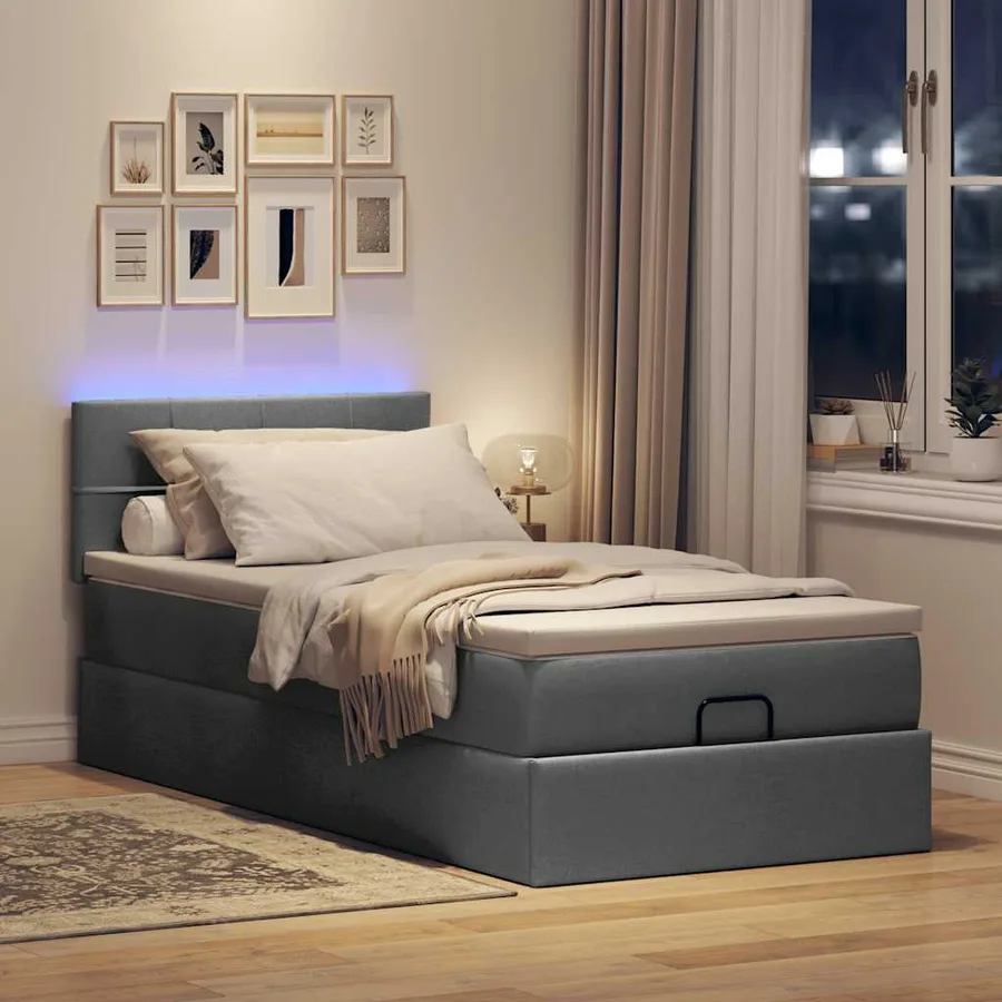 Cadre de lit ottoman avec matelas gris foncé 100x200 cm tissu - 3