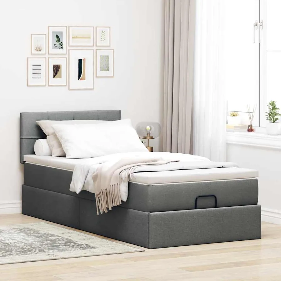Cadre de lit ottoman avec matelas gris foncé 100x200 cm tissu - 4