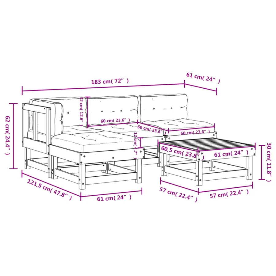 Salon de jardin 5 pcs avec coussins bois massif douglas - 9