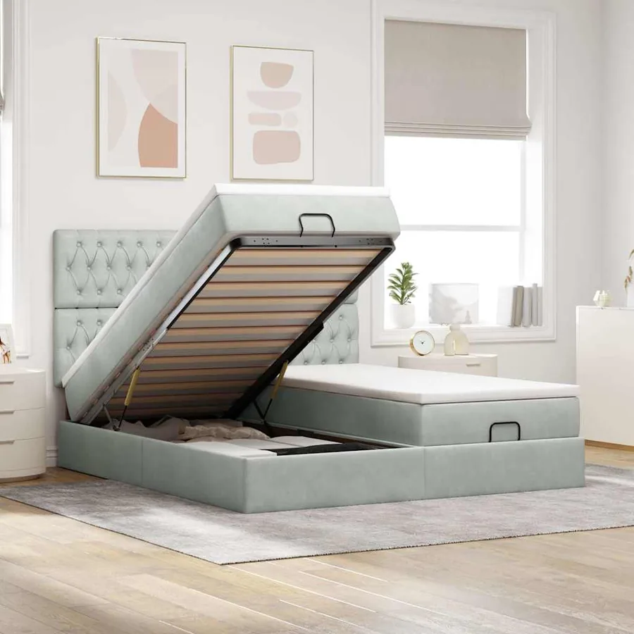 Cadre de lit ottoman avec matelas gris clair 200x200 cm velours