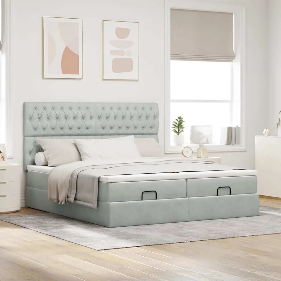 Cadre de lit ottoman avec matelas gris clair 200x200 cm velours - 4