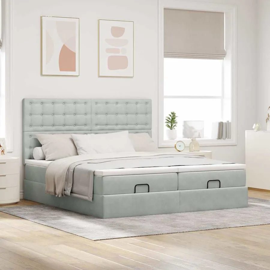 Cadre de lit ottoman avec matelas gris clair 200x200 cm velours - 3