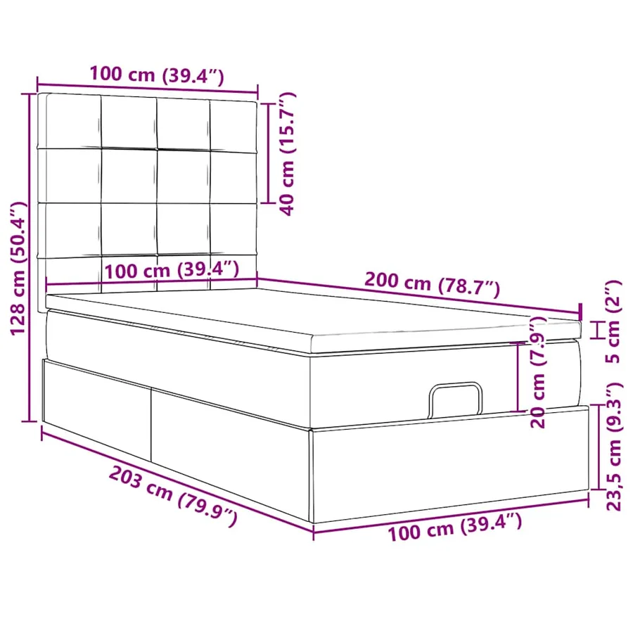 Cadre de lit ottoman et matelas gris clair 100x200 cm velours - 18