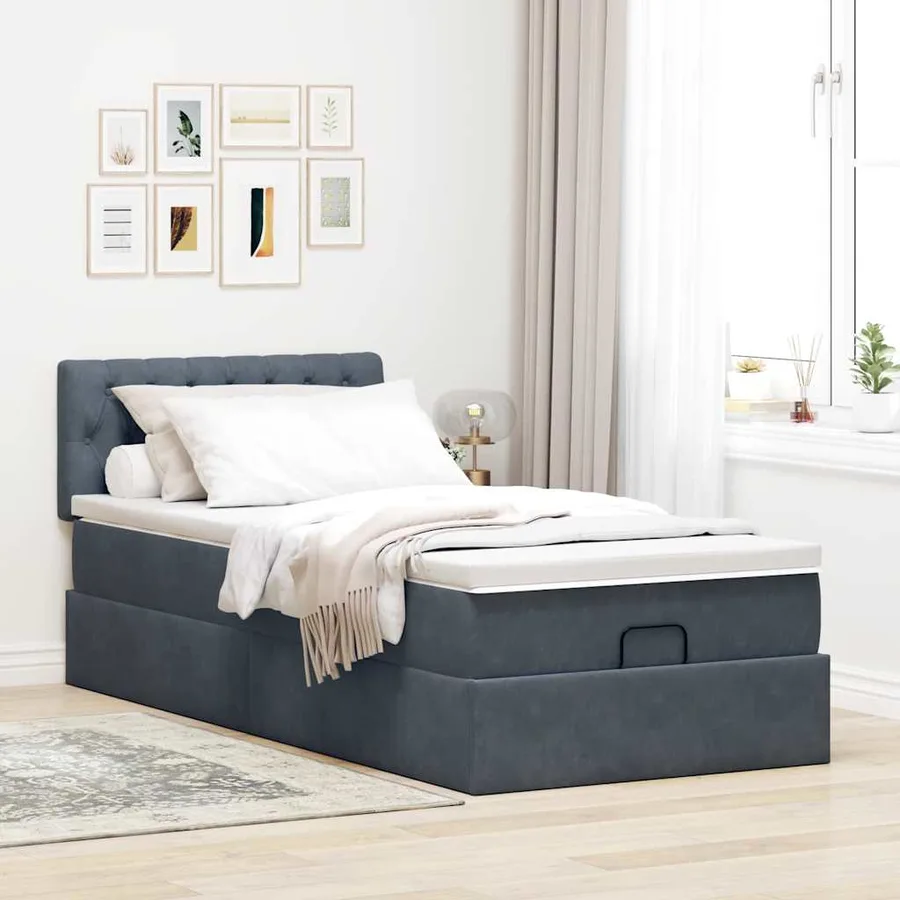 Cadre de lit ottoman avec matelas gris foncé 100x200 cm velours - 3