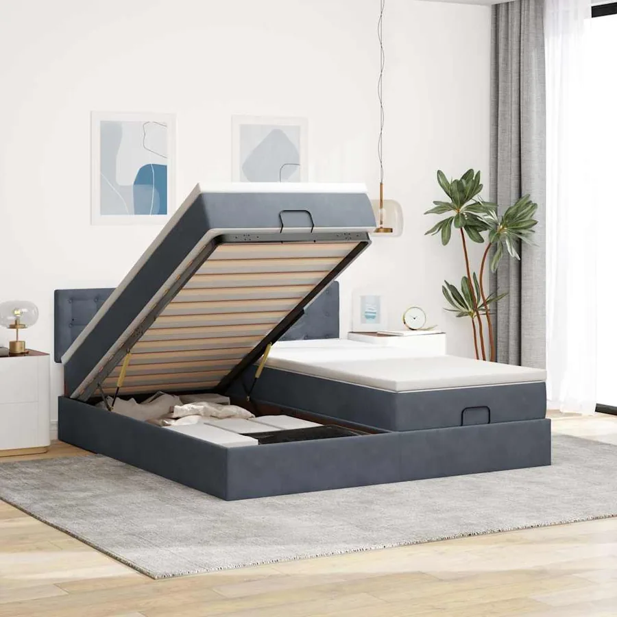 Cadre de lit ottoman avec matelas gris foncé 200x200 cm velours