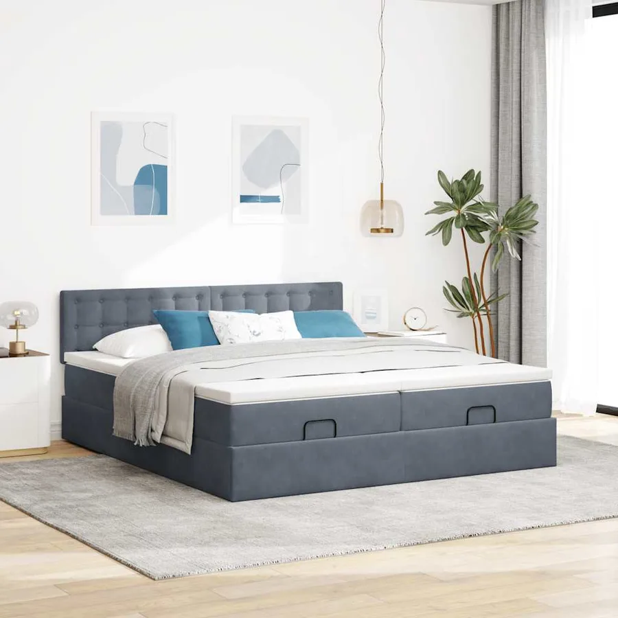 Cadre de lit ottoman avec matelas gris foncé 200x200 cm velours - 3