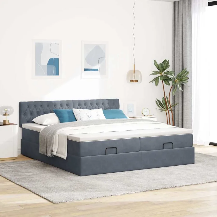 Cadre de lit ottoman avec matelas gris foncé 200x200 cm velours - 3