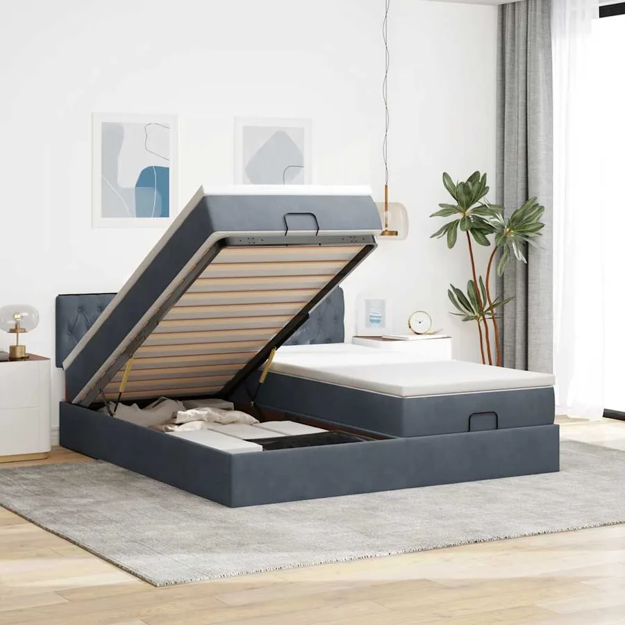 Cadre de lit ottoman avec matelas gris foncé 200x200 cm velours