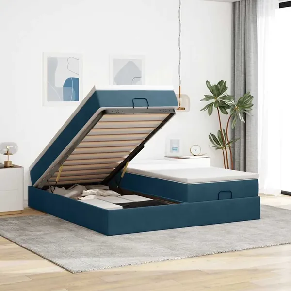 Cadre de lit ottoman avec matelas bleu foncé 180x200 cm velours