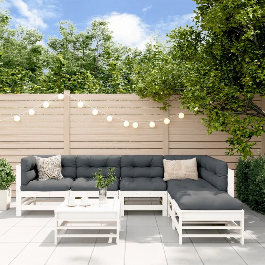 Salon de jardin 7 pcs avec coussins blanc bois massif
