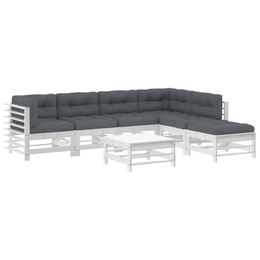Salon de jardin 7 pcs avec coussins blanc bois massif - 2