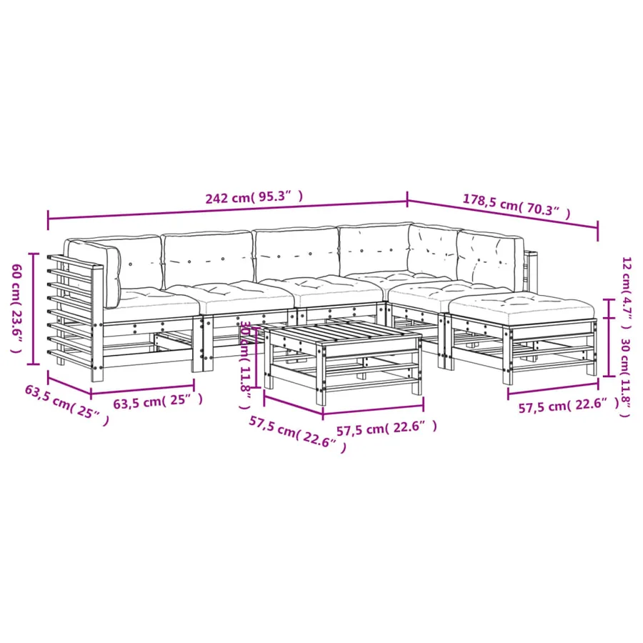 Salon de jardin 7 pcs avec coussins blanc bois massif - 9