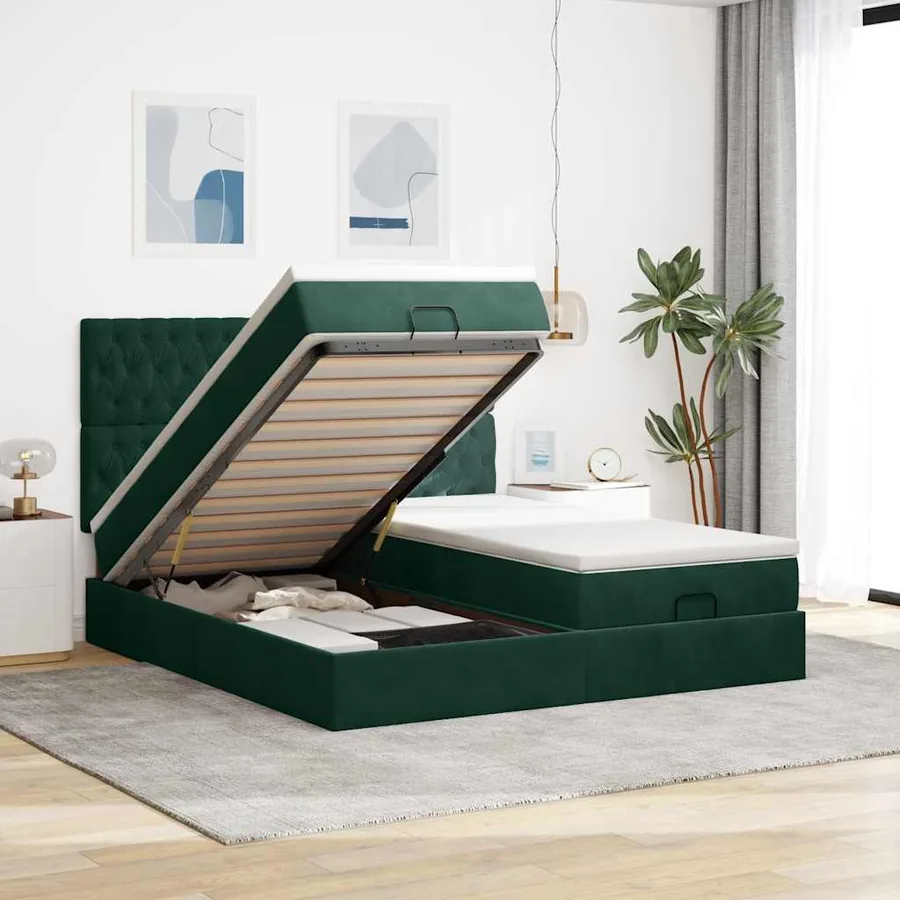 Cadre de lit ottoman avec matelas vert foncé 200x200 cm velours
