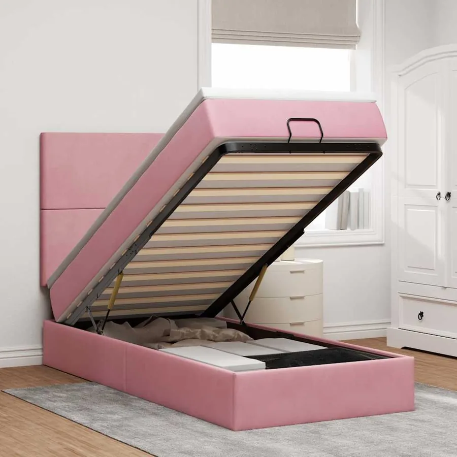 Cadre de lit ottoman avec matelas rose 90x200 cm velours