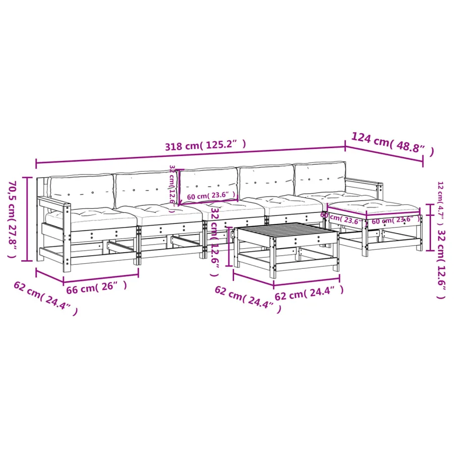 Salon de jardin 7 pcs avec coussins bois de pin imprégné - 9