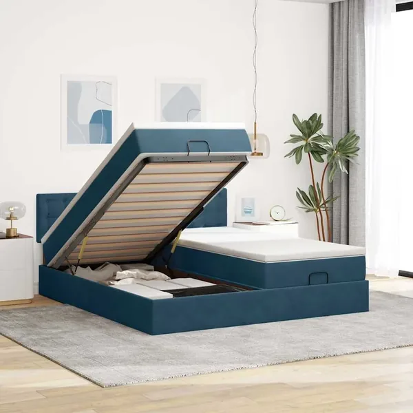 Cadre de lit ottoman avec matelas bleu foncé 200x200 cm velours
