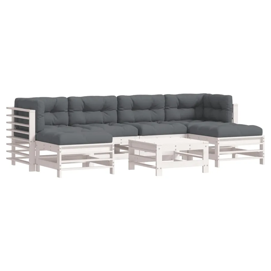 Salon de jardin 7 pcs avec coussins blanc bois massif - 2