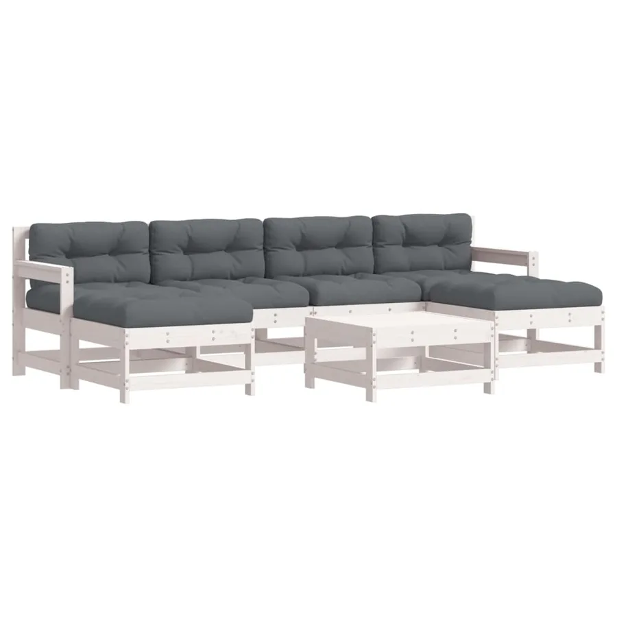 Salon de jardin 7 pcs avec coussins blanc bois massif - 2