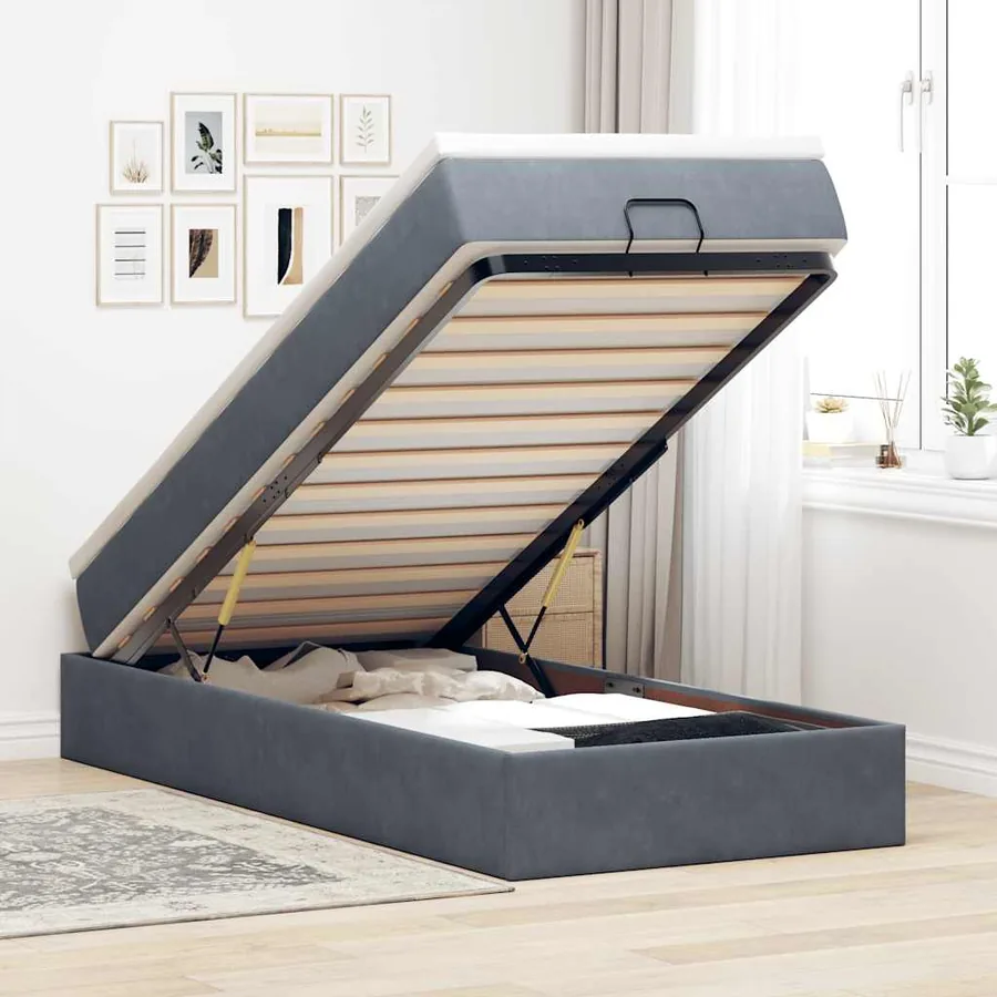 Cadre de lit ottoman avec matelas gris foncé 90x190 cm velours