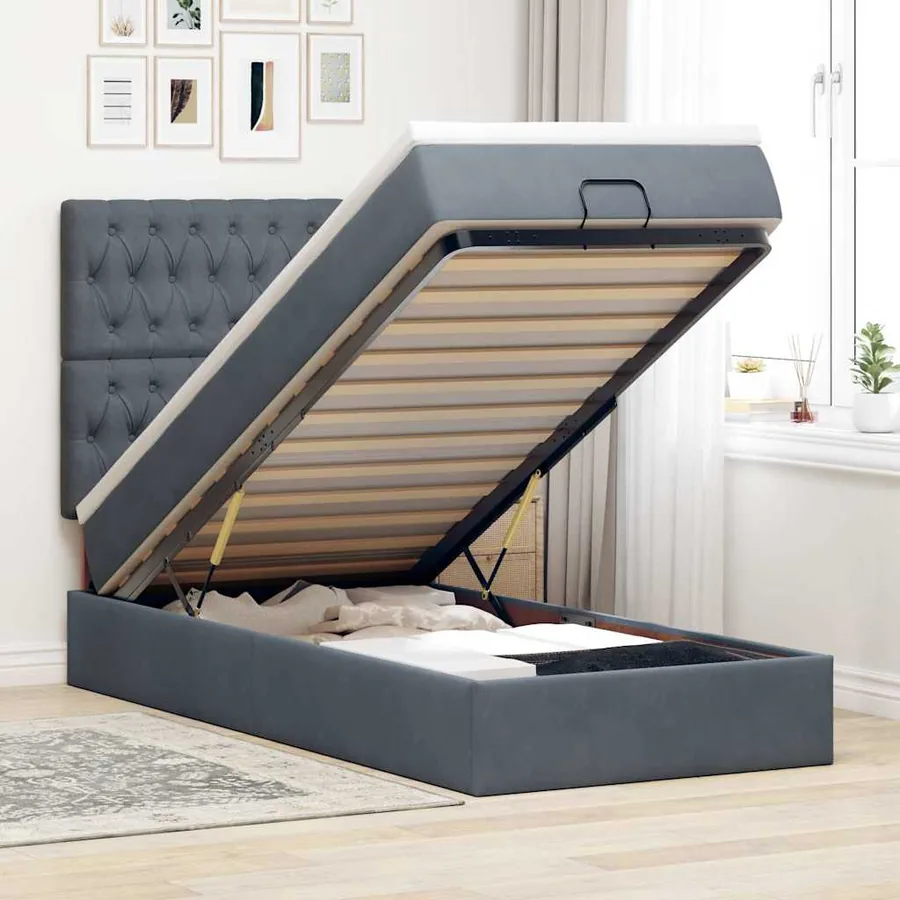 Cadre de lit ottoman avec matelas gris foncé 90x190 cm velours