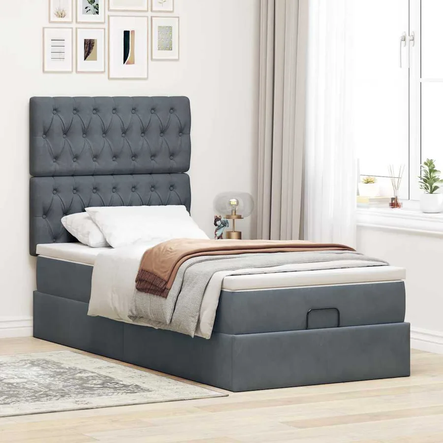 Cadre de lit ottoman avec matelas gris foncé 90x190 cm velours - 4