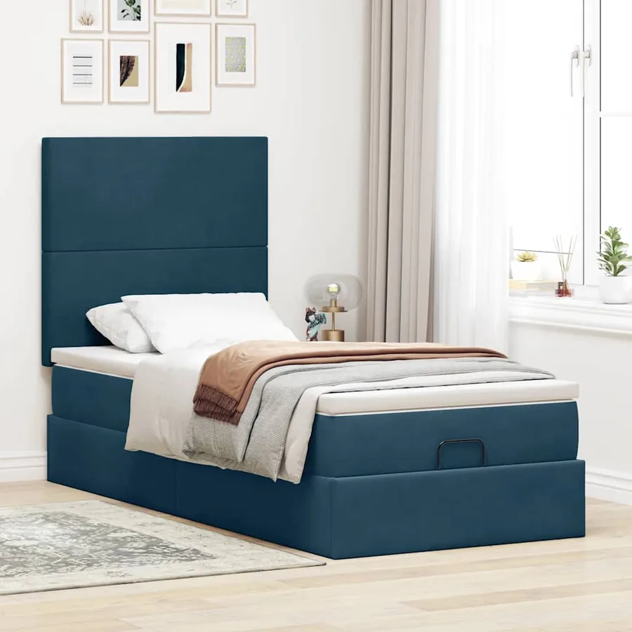 Cadre de lit ottoman avec matelas bleu foncé 90x190 cm velours - 3