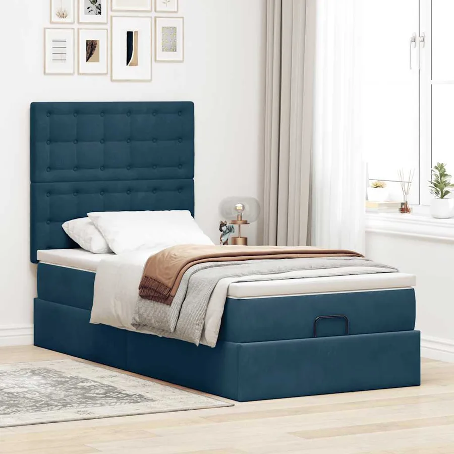 Cadre de lit ottoman avec matelas bleu foncé 90x190 cm velours - 3