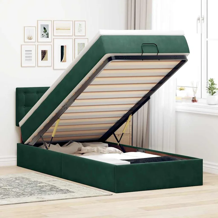 Cadre de lit ottoman avec matelas vert foncé 90x190 cm velours