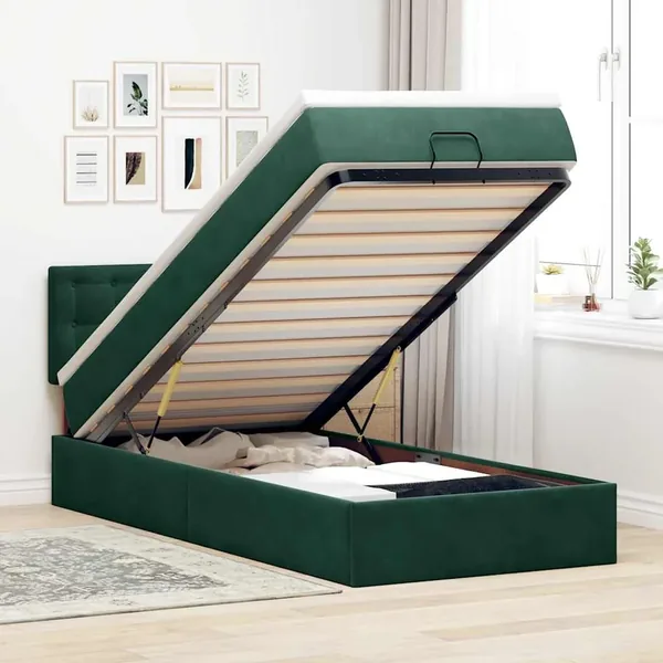 Cadre de lit ottoman avec matelas vert foncé 90x190 cm velours