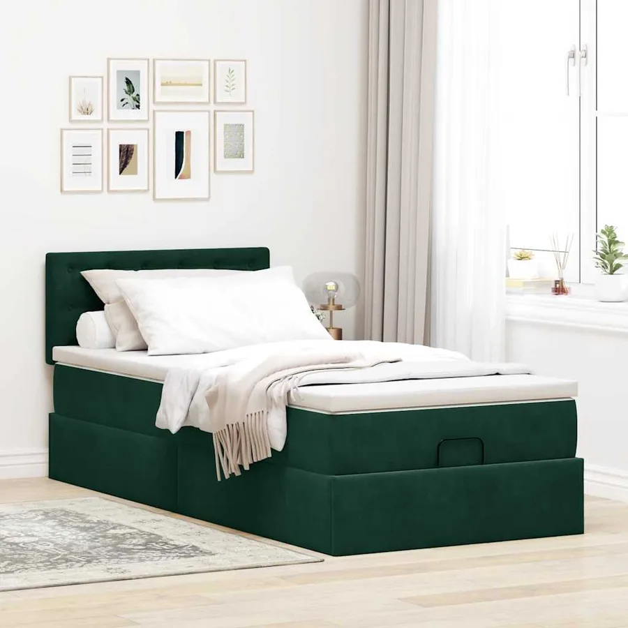 Cadre de lit ottoman avec matelas vert foncé 90x190 cm velours - 4