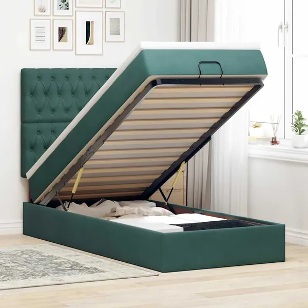 Cadre de lit ottoman avec matelas vert foncé 90x190 cm velours