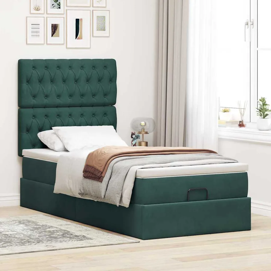 Cadre de lit ottoman avec matelas vert foncé 90x190 cm velours - 4