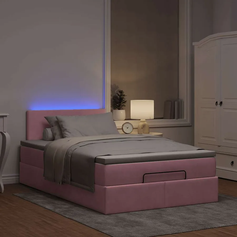 Lit ottoman avec matelas et LED rose 120x190 cm velours - 3