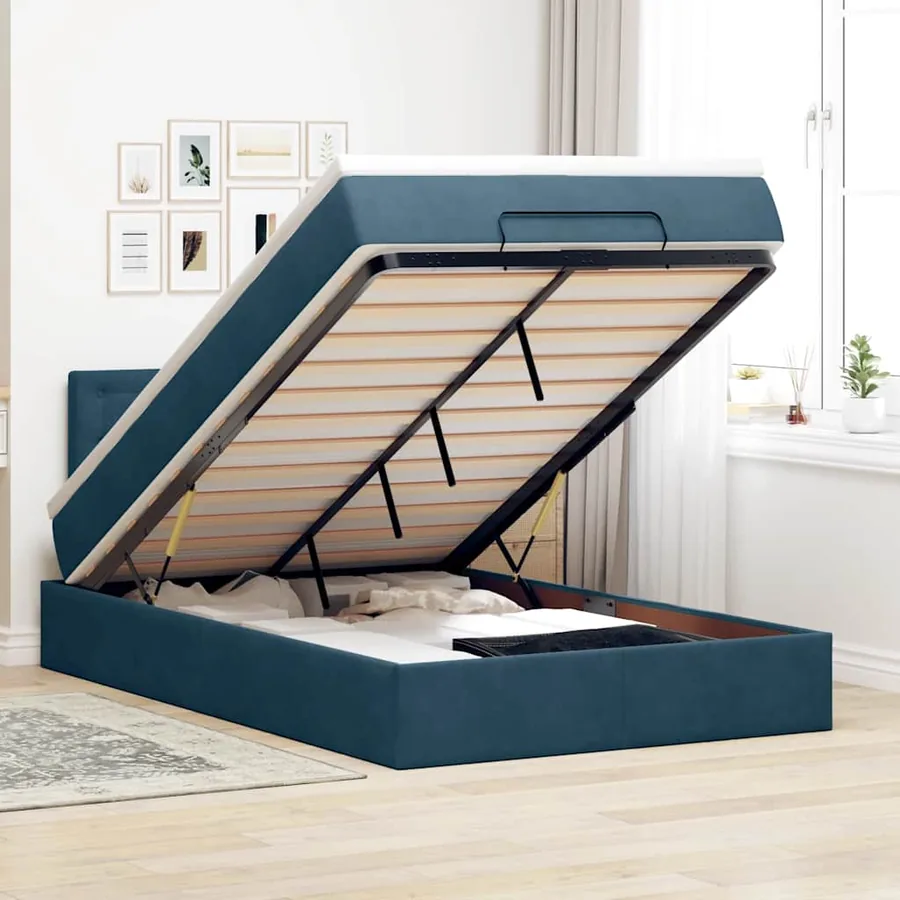 Lit ottoman avec matelas et LED bleu foncé 90x200cm velours