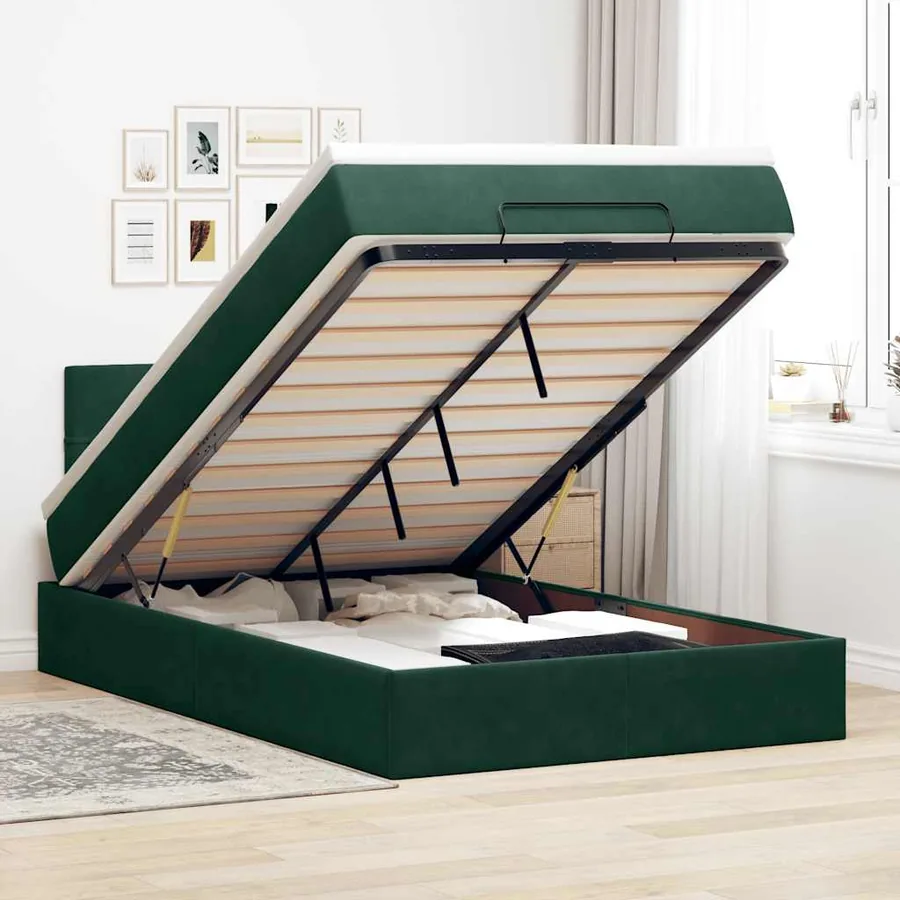 Lit ottoman avec matelas et LED vert foncé 90x200cm velours