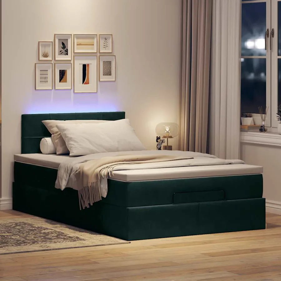 Lit ottoman avec matelas et LED vert foncé 90x200cm velours - 3