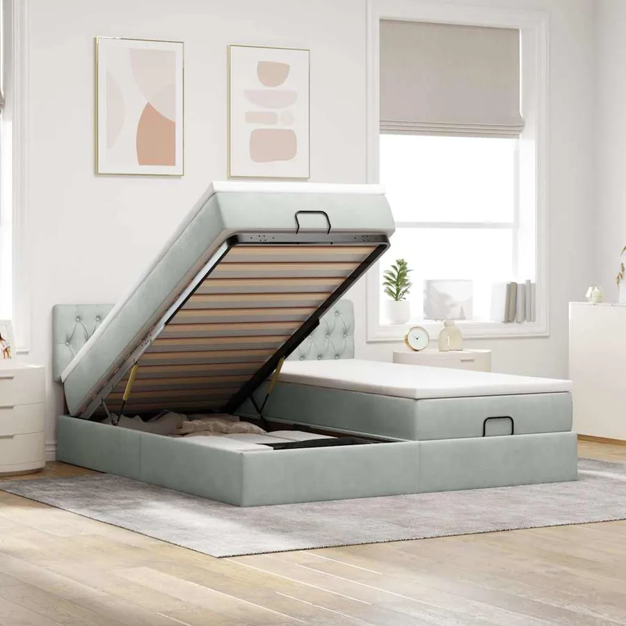 Cadre de lit ottoman et matelas gris clair 180x200cm velours