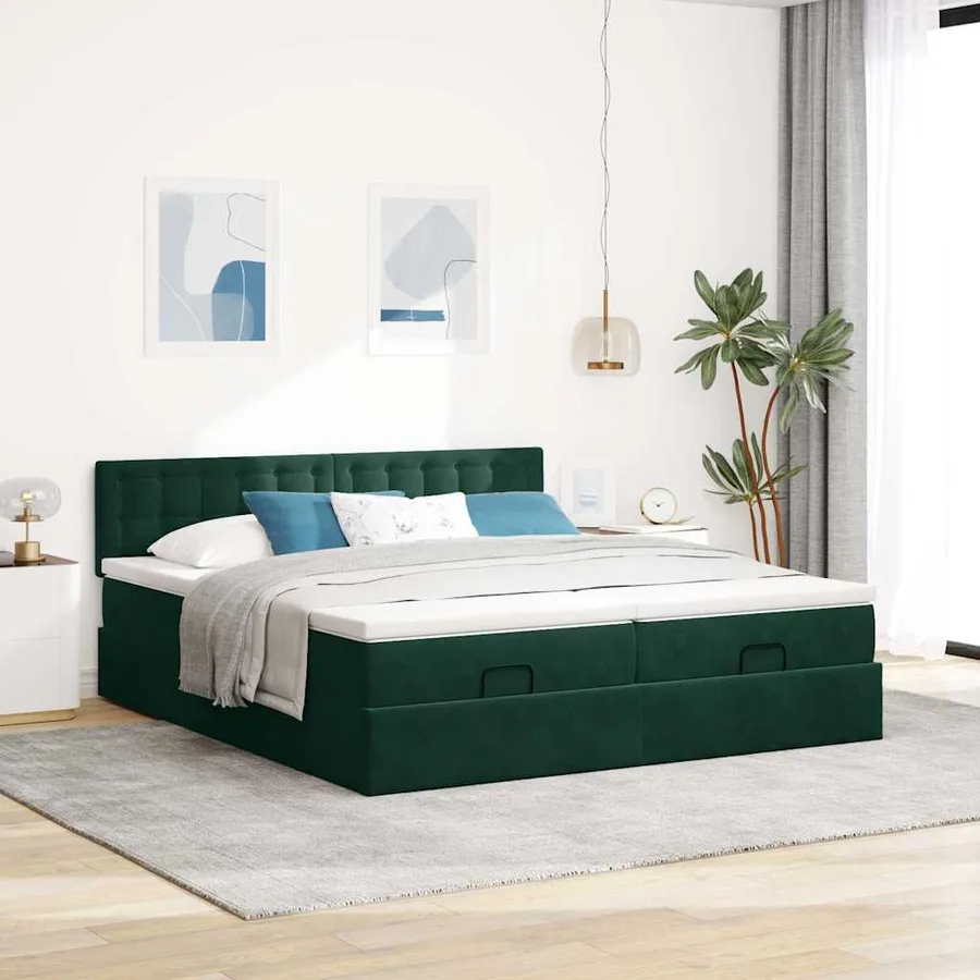 Cadre de lit ottoman avec matelas vert foncé 180x200cm velours - 4
