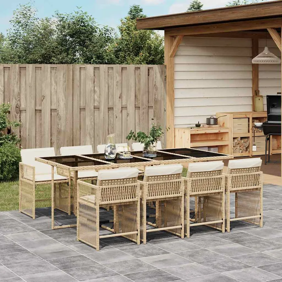 Ensemble à manger de jardin et coussins 9 pcs beige Poly rotin