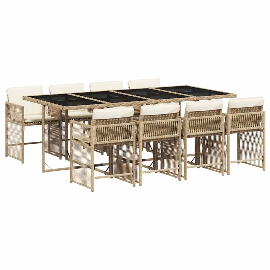 Ensemble à manger de jardin et coussins 9 pcs beige Poly rotin - 2