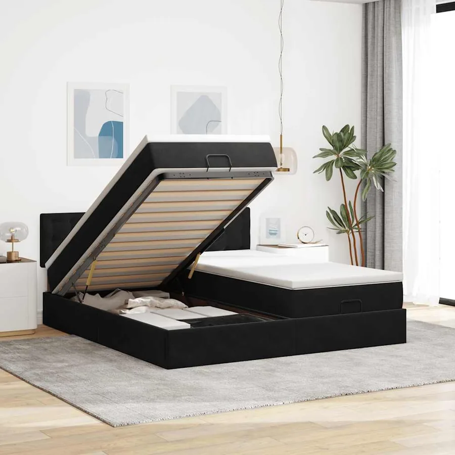 Cadre de lit ottoman avec matelas noir 160x200 cm velours