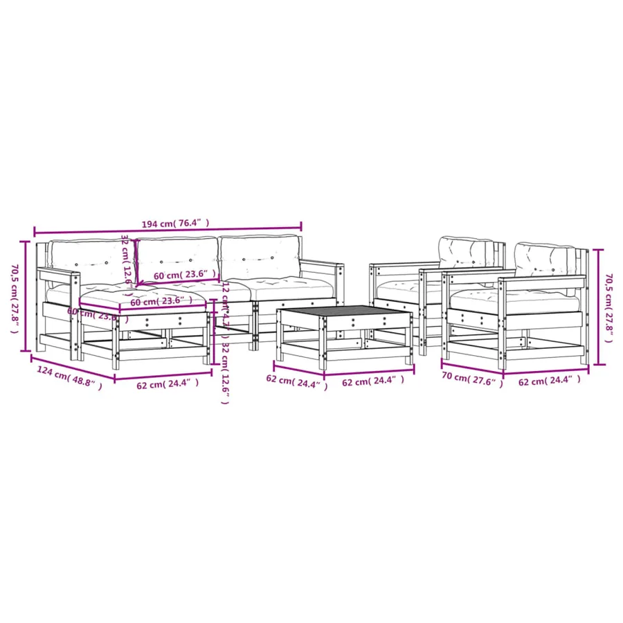 Salon de jardin 7 pcs avec coussins blanc bois massif - 10