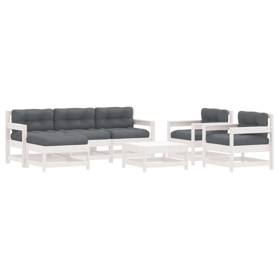 Salon de jardin 7 pcs avec coussins blanc bois massif - 2