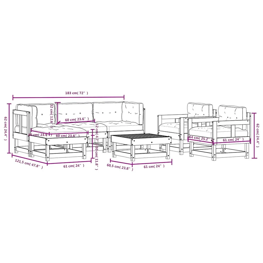 Salon de jardin 7 pcs avec coussins bois massif douglas - 10