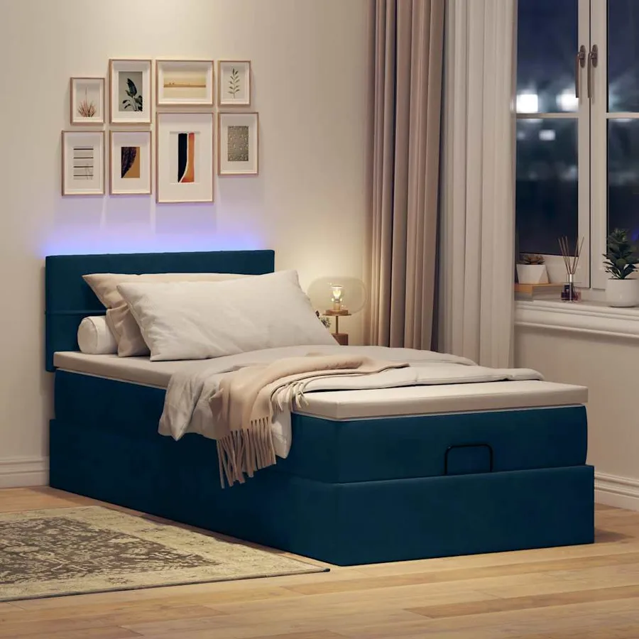 Lit ottoman avec matelas et LED bleu foncé 80x200cm velours - 3
