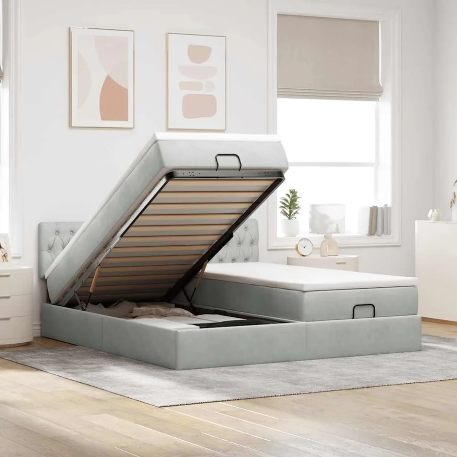 Cadre de lit ottoman et matelas gris clair 160x200cm velours