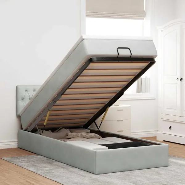 Cadre de lit ottoman avec matelas gris clair 80x200 cm velours