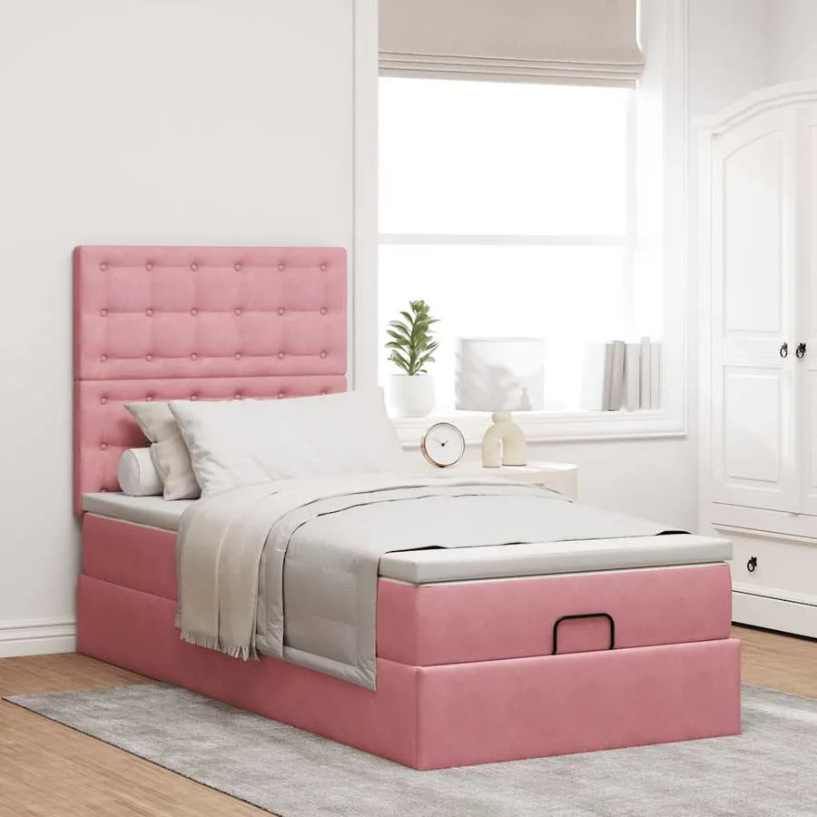 Cadre de lit ottoman avec matelas rose 80x200 cm velours - 4